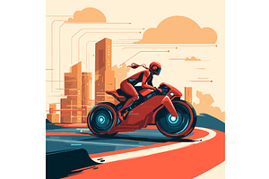 Motorcycle riding in futuristic city, an Object Illustration by Valerie Bodnar