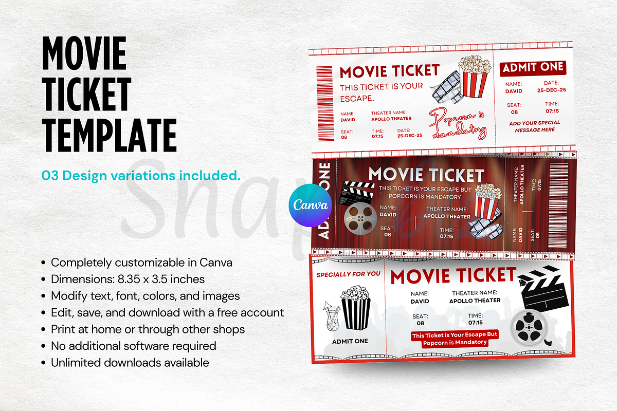 Editable Movie Ticket Canva Template, an Invitation Template by Snapybiz (Photo 7 of 8)