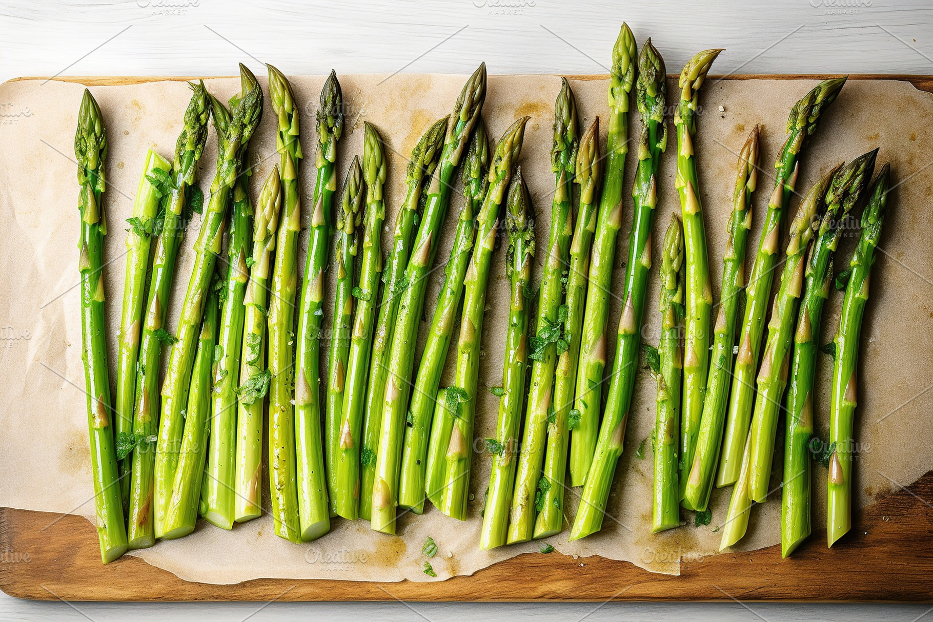 Baked asparagus with spices on wooden background, a Food & Drink Photo by AlyaAnd