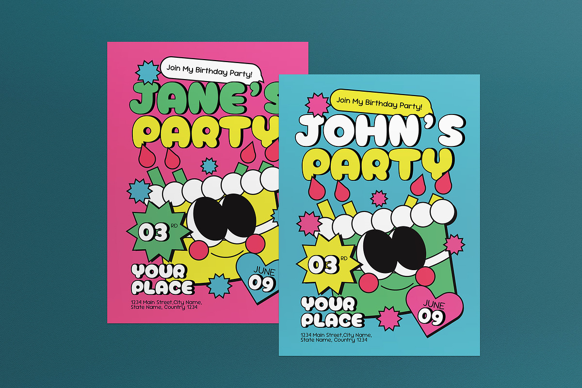 Blue Pink Kids Birthday Invitation, an Invitation Template by graphicook (Photo 1 of 3)