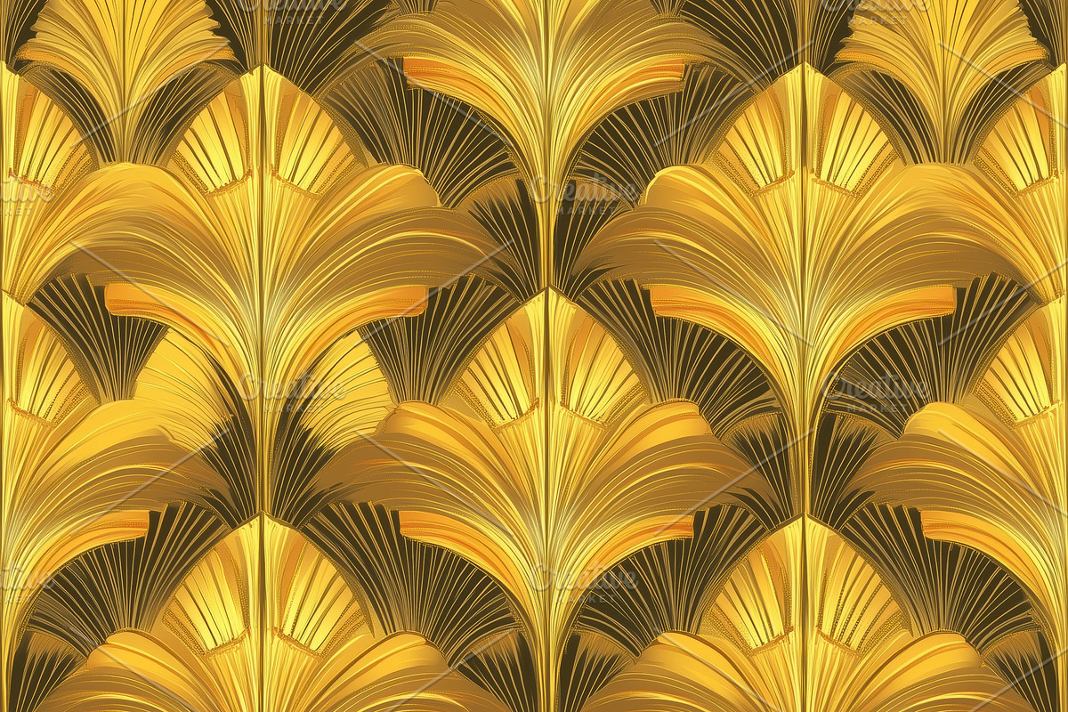 Seamless luxurious art deco pattern featuring stylized golden leaves on a dark, a Pattern Graphic by Textures & Backgrounds