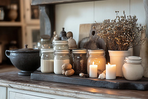 A warm, inviting kitchen with jars, a Photo by Pavel_design