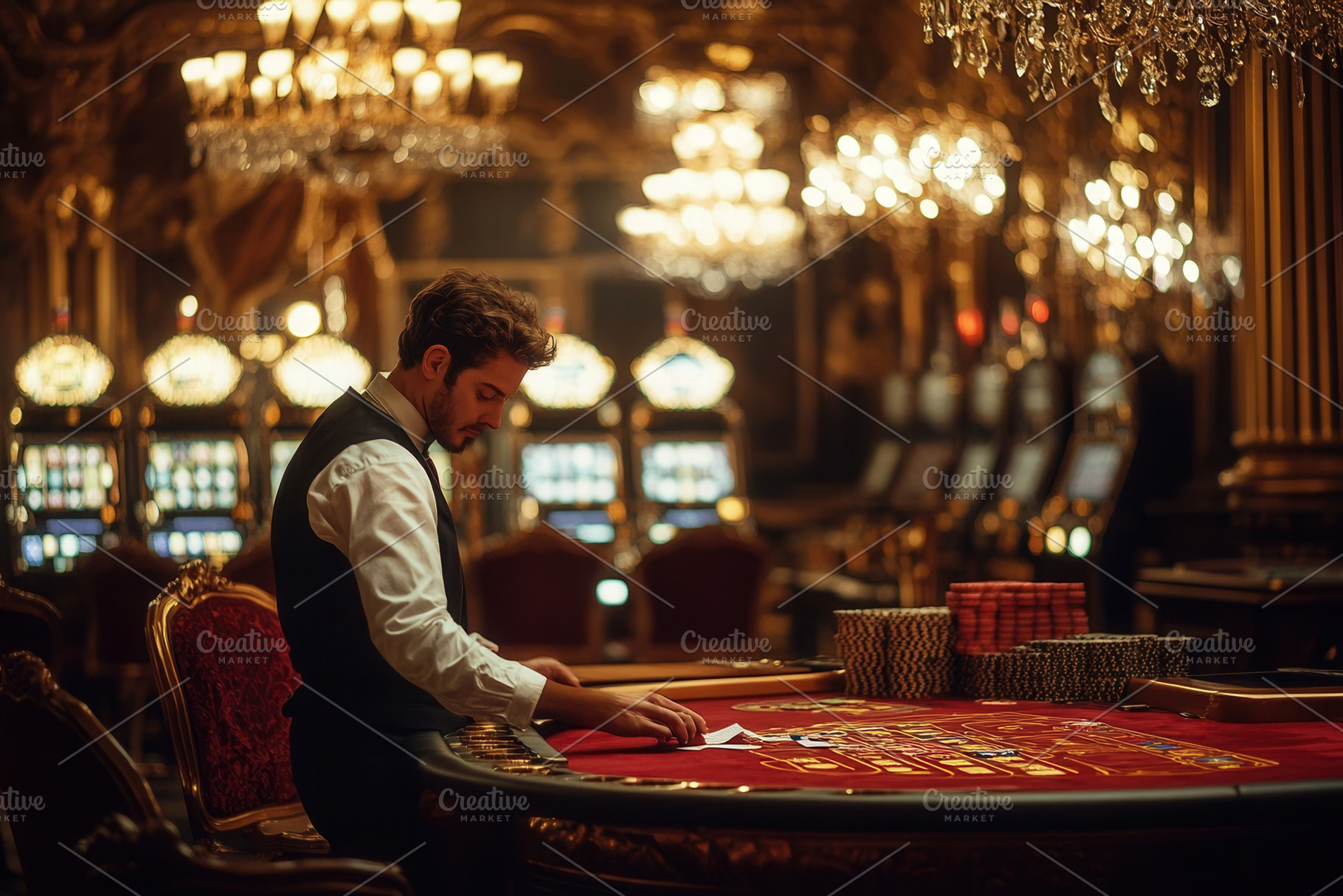 Elegant casino dealer shuffling card, a Photo by Pavel_design