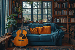 Cozy living room with a guitar, plan, a Photo by Tanuart