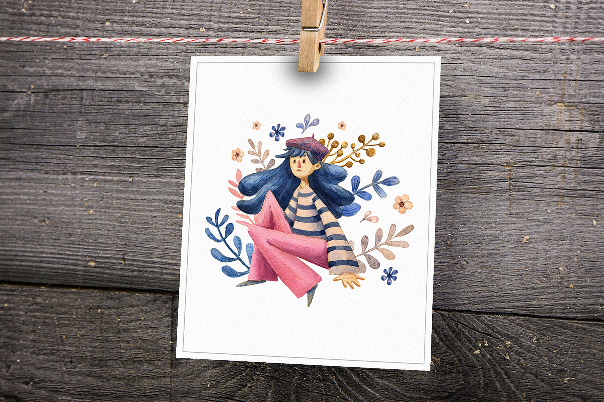 Cute Girls - Watercolor Clip Art Set, a Person Illustration by Mashamashastu (Photo 10 of 12)