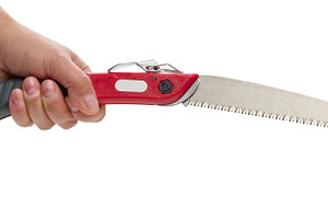 A person holding an unfolded garden saw with a serrated blade, an Industrial Photo by ndanko