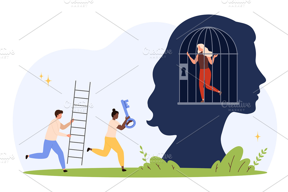 Unlocking Mind Cage Mental Health, a Person Illustration by Flashvector