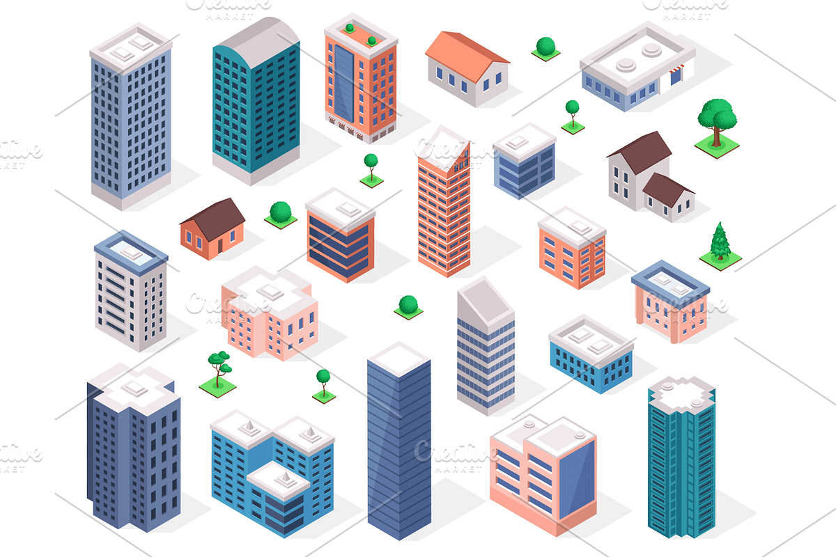 Buildings 3d. Isometric modern urban, a Work Illustration by Frogella