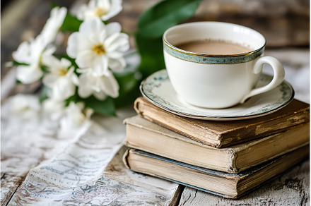 Cozy reading setup with books, tea, a School & Education Photo by Lermont51