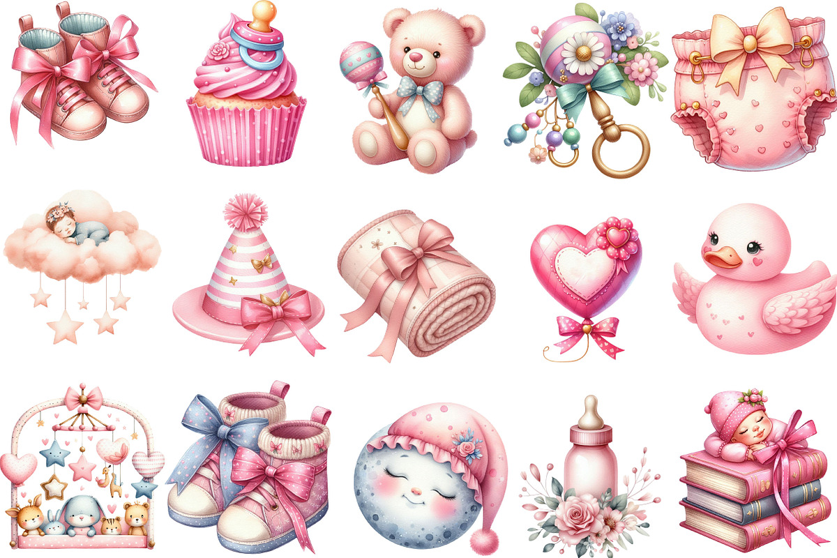 Watercolor Pink Baby Shower Clipart, an Illustration by Designking (Photo 3 of 5)