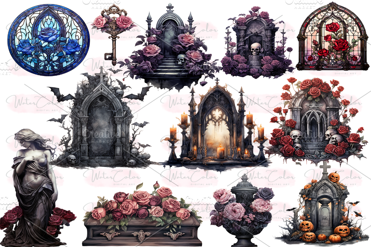 Gothic Tombstones Collection Clipart, an Object Illustration by Watercolor Digital (Photo 9 of 18)