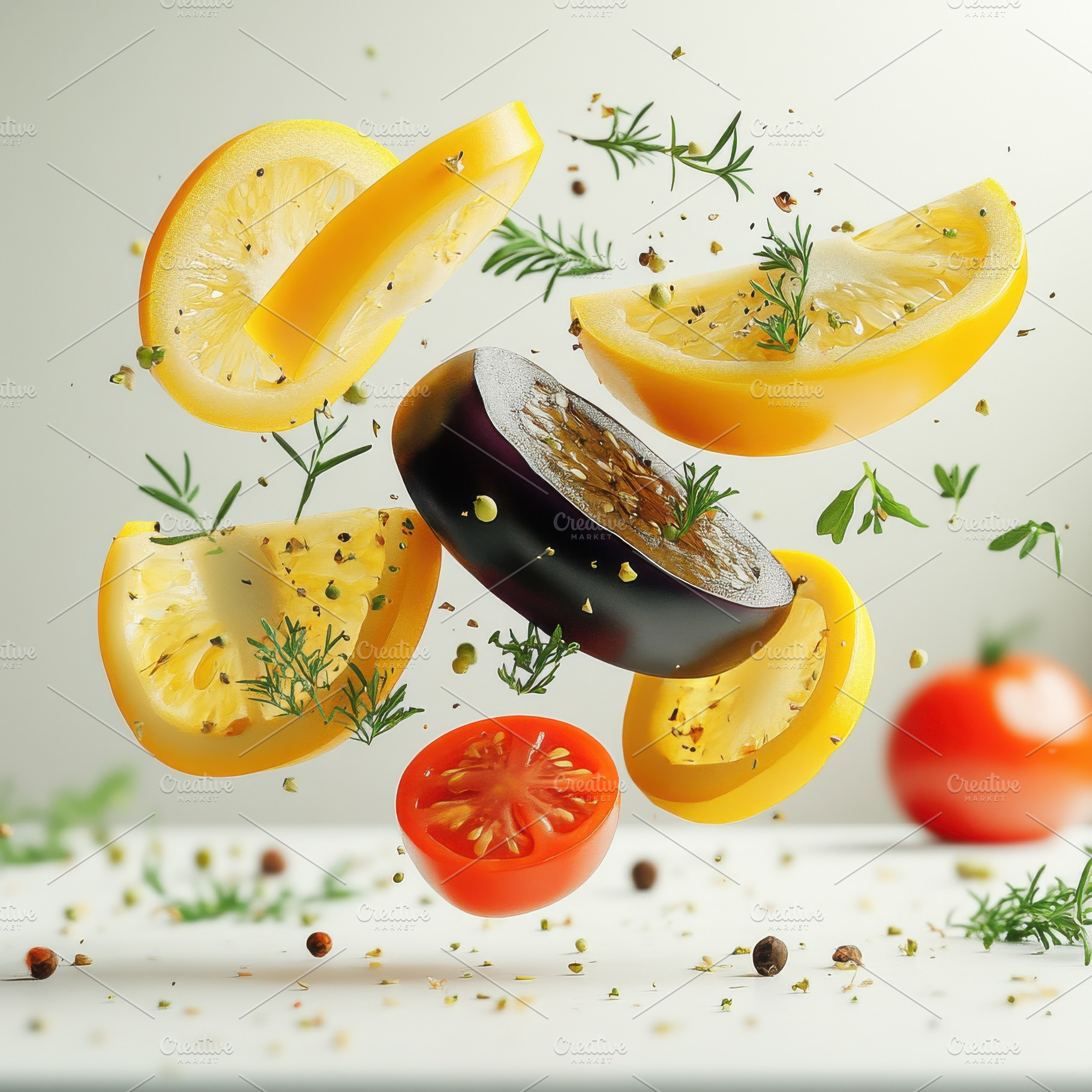 Yellow bell pepper, eggplant, and to, a Food & Drink Photo by Pixeness Studio