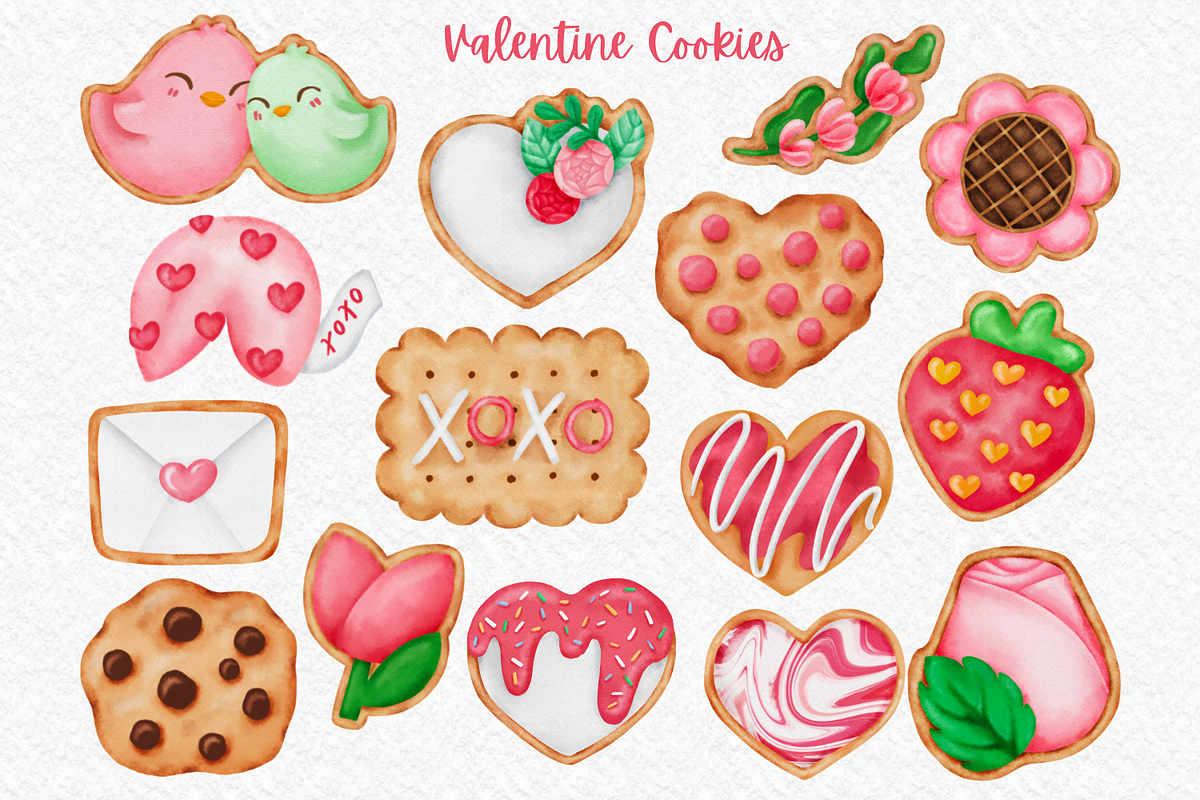 Valentine Cookies watercolor clipart, a Decorative Illustration by AkiraVilla (Photo 2 of 10)