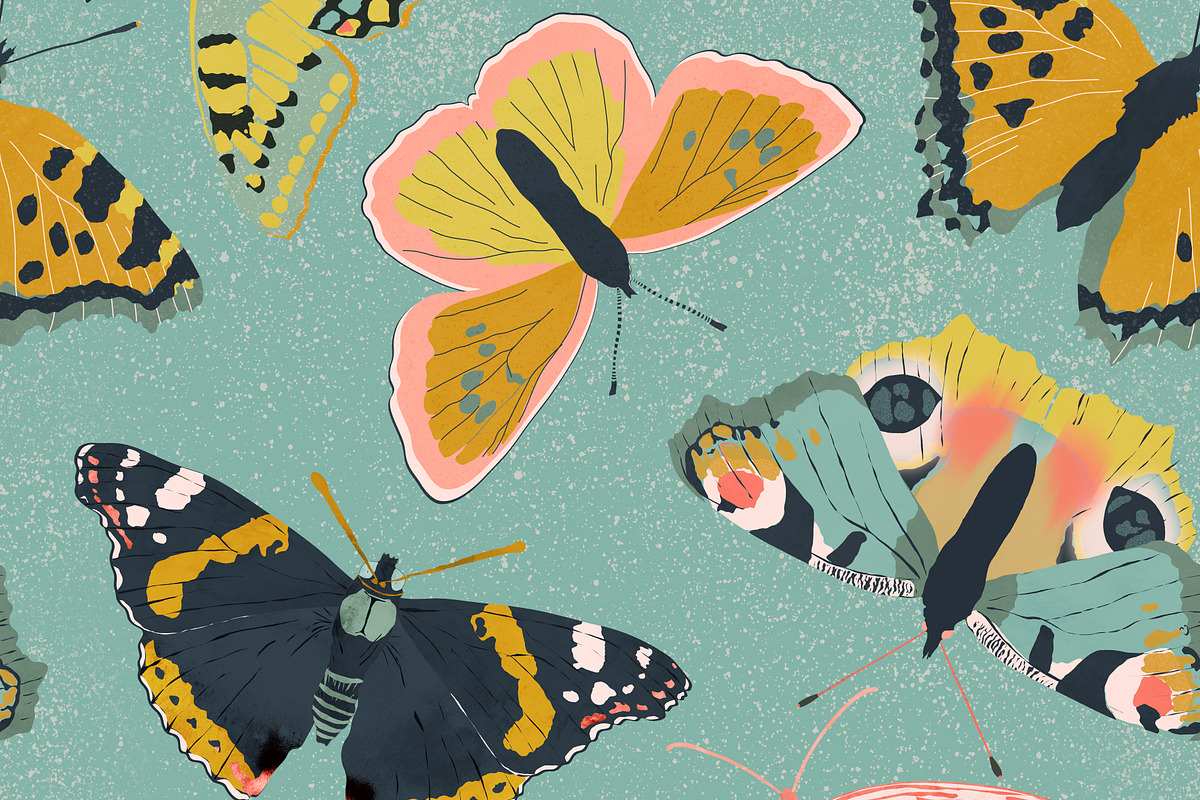 Butterflies Garden teal, a Pattern Graphic by Cesar Torres