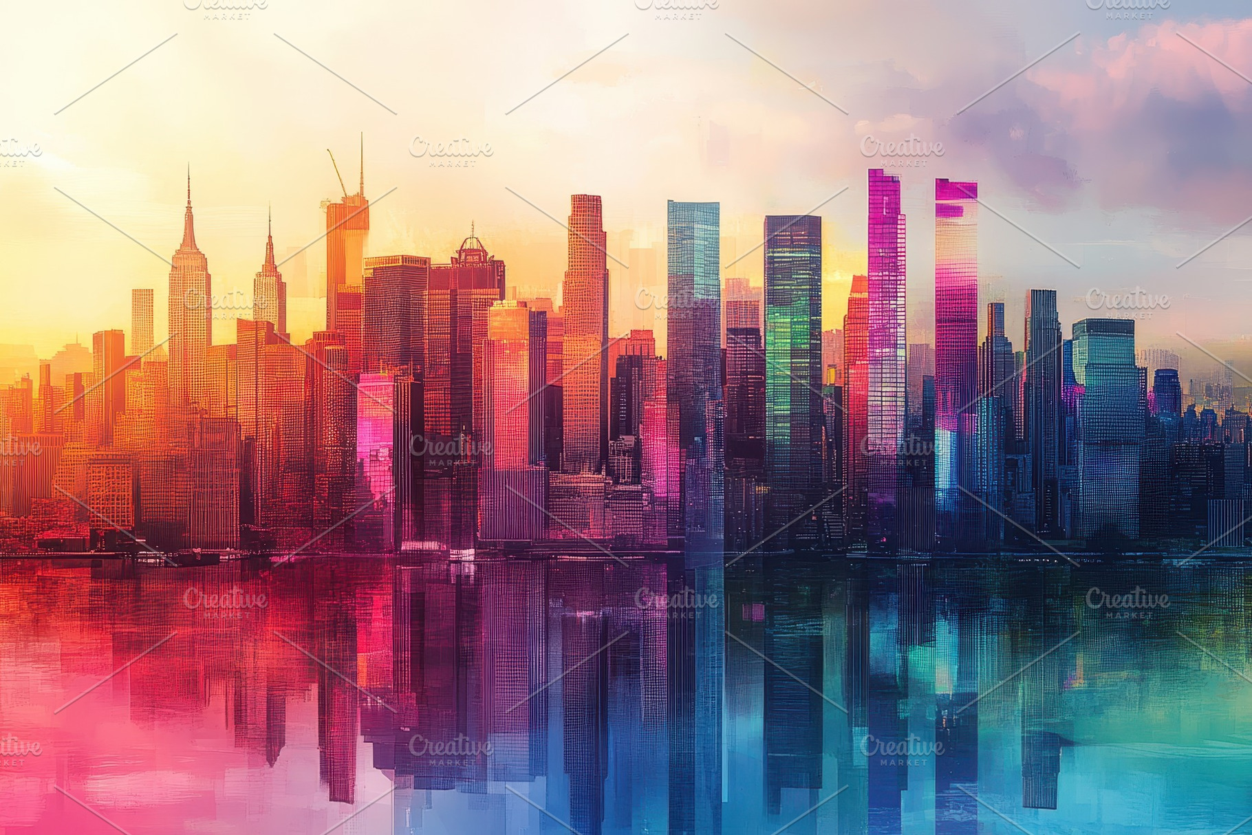A city skyline glows with vibrant co, a Photo by Tanuart