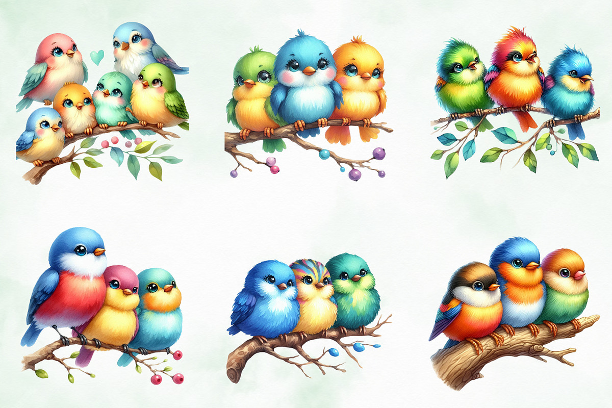 Funny Colorful Birds Watercolor Png, an Illustration by Creative Art (Photo 5 of 6)