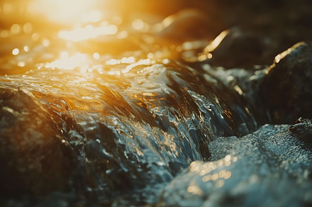 Stream of water flowing down in the forest with sun rays, a Nature Photo by AlyaAnd