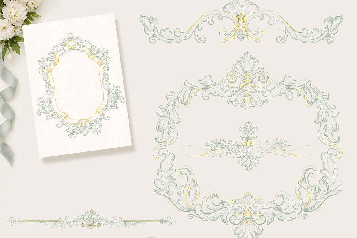 Green&Gold Baroque Wedding Set, a Decorative Illustration by AlenaVlasko stock Market (Photo 6 of 8)