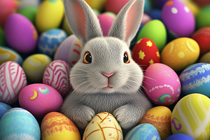 A funny cartoon grey bunny sits, a Holiday Photo by Imaginarium