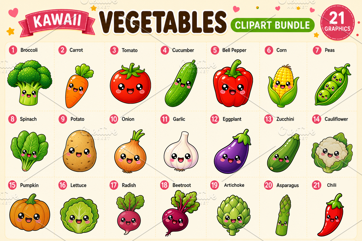 Kawaii Vegetables Clipart PNG Bundle, a Food Illustration by QM_ART (Photo 2 of 4)