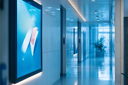 Modern hallway with digital displays, a Photo by Beautiful things