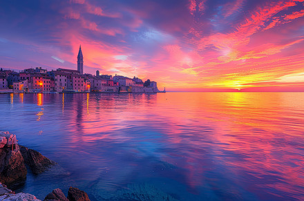 Breathtaking Spring Sunset Over Rovinj Town, Croatia With Vibrant Sky Colors an, a Photo by AS photostudio