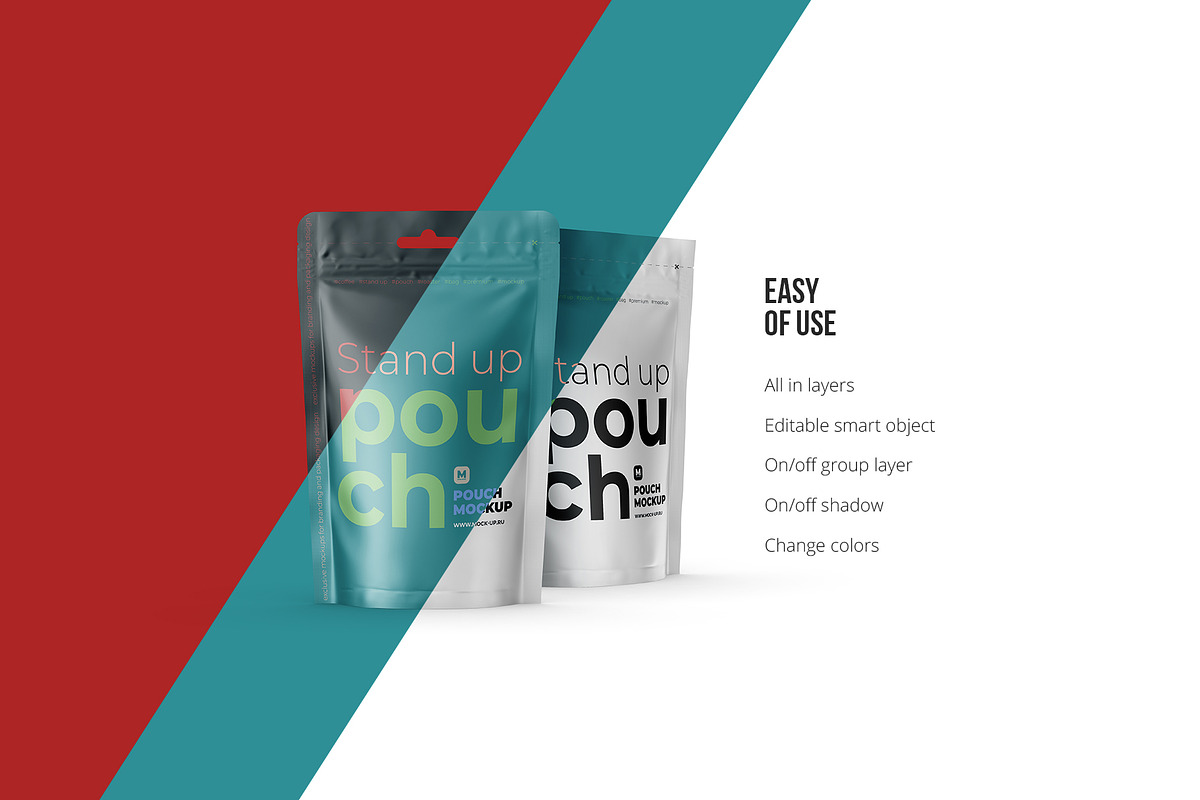 Stand Up Pouch Front and Half Side, a Cups & Container Mockup by easymock (Photo 4 of 12)