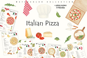 Italian Pizza Watercolor Recipe Set, a Food Illustration by Sunshine Art