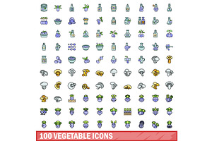 100 Vegetable Icons Set, Color Line