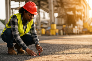 Female construction worker marking g, a Photo by Dvoevnore photos