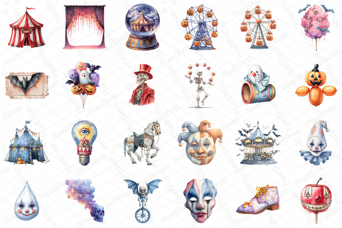 Watercolor Spooky Circus Clipart, an Illustration by DreamPrint404 (Photo 3 of 5)