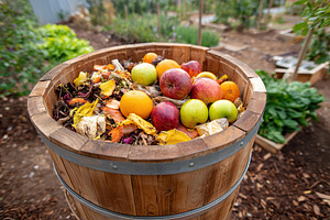 Food scraps compost bin filled with colorful fruits and vegetable waste in a ga, a Food & Drink Photo by AlyaAnd