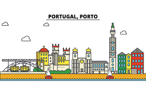 Portugal, Porto. City Skyline: Architecture, Buildings, Streets, Silhouette, Landscape, Panorama, Landmarks. Editable Strokes. Flat Design Line Vector