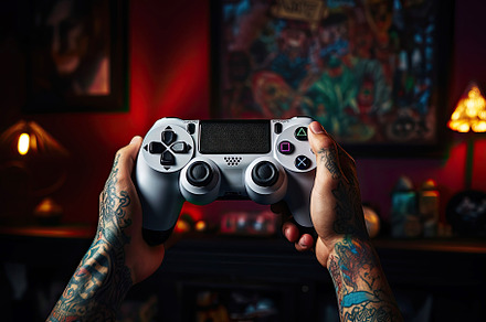 Close-up tattooed male hand holding a control panel for a game console, a Sports & Recreation Photo by zakiroff