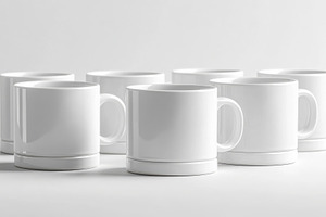 Six White Coffee Mugs on a White Bac, a Background Photo by Pixeness Studio