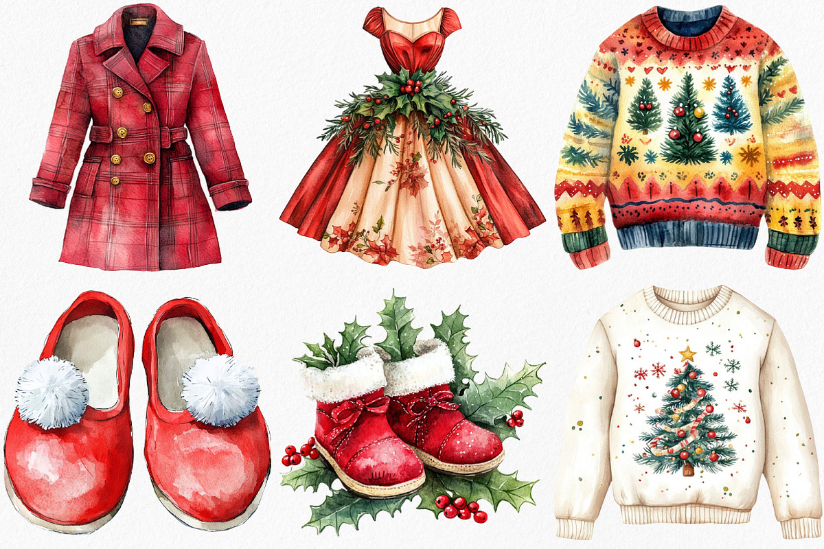 Watercolor Christmas Clothes Clipart, an Illustration by Canvas Craft (Photo 3 of 8)