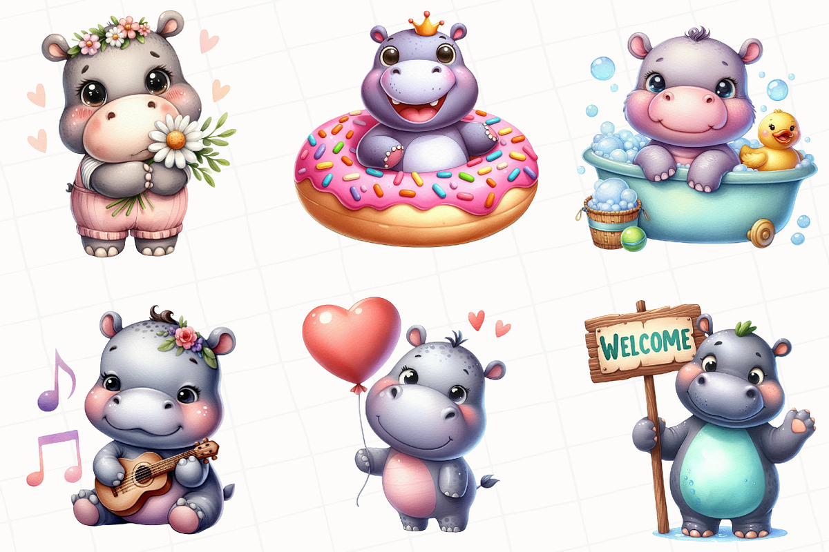 Watercolor Cute Hippo Clipart, an Illustration by OK Design (Photo 4 of 5)