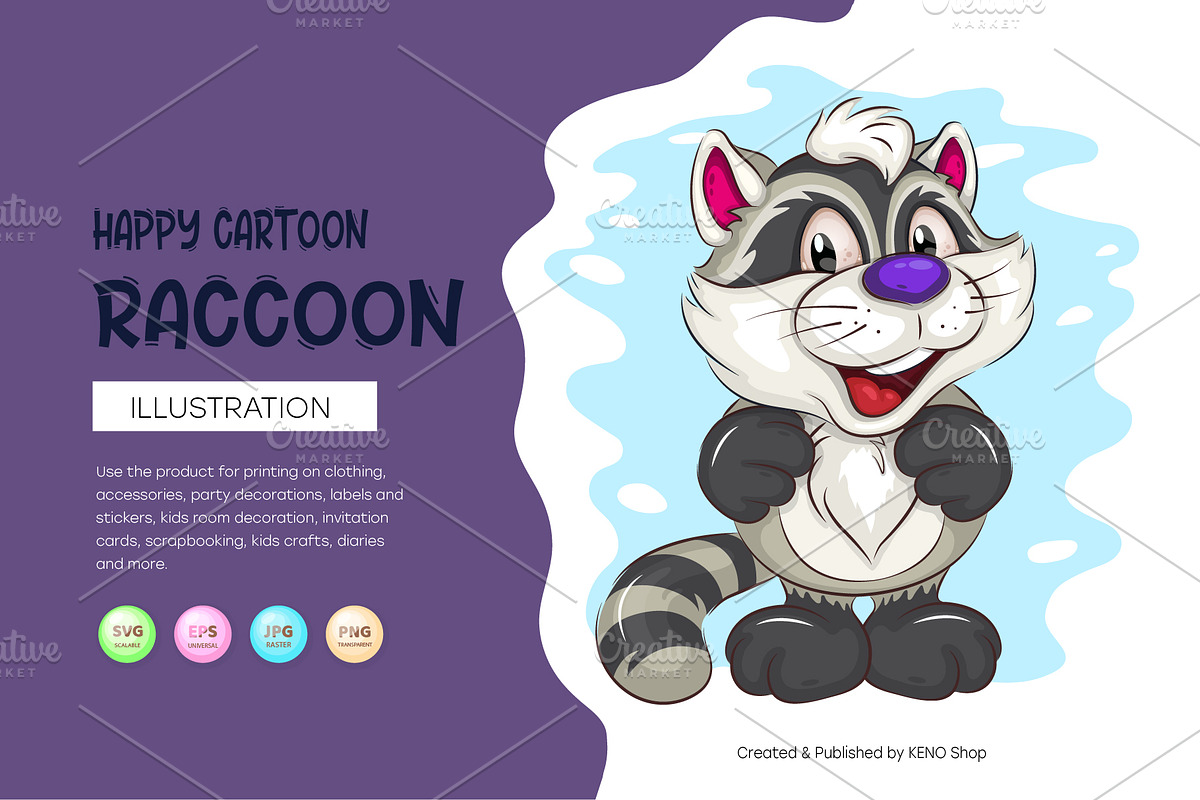 Happy Cartoon Raccoon. T-Shirt, SVG., an Animal Illustration by KENO Mascots (Photo 1 of 3)