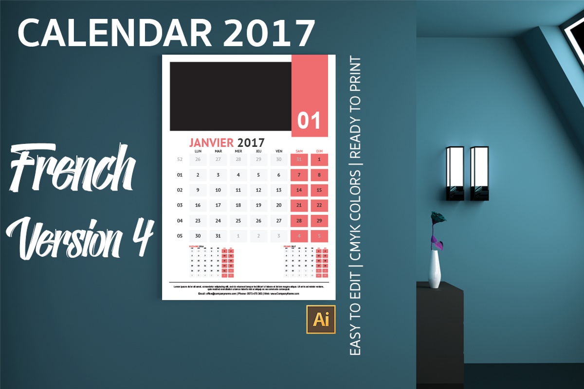 French Wall Calendar 2017 Version 4, a Templates & Theme by Florin Chitic (Photo 1 of 3)
