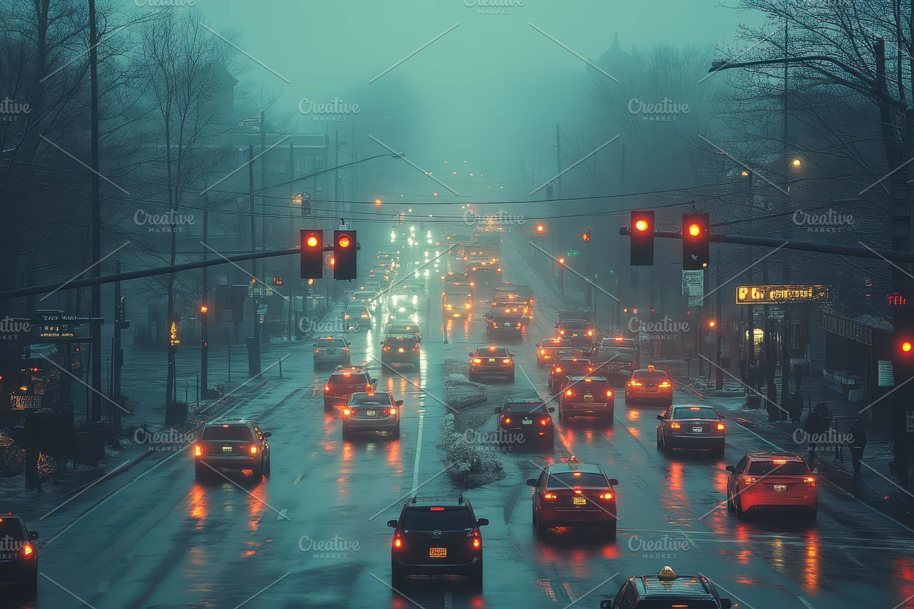Evening traffic in a rainy urban set, a Photo by Tanuart