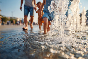 Joyful moments by the city fountain on a sunny afternoon with playful children, a Photo by AlyaAnd