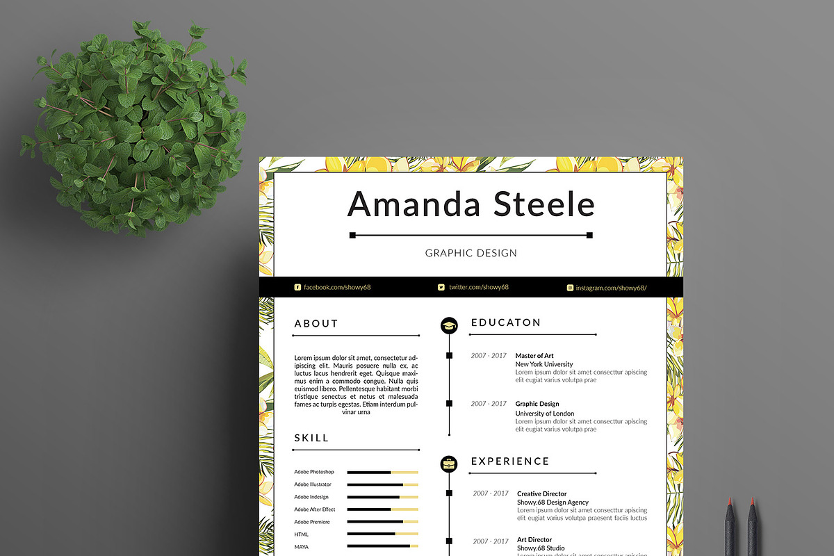 Yellow Floral Resume Template / N, a Resume Template by Showy68 Template (Photo 3 of 5)