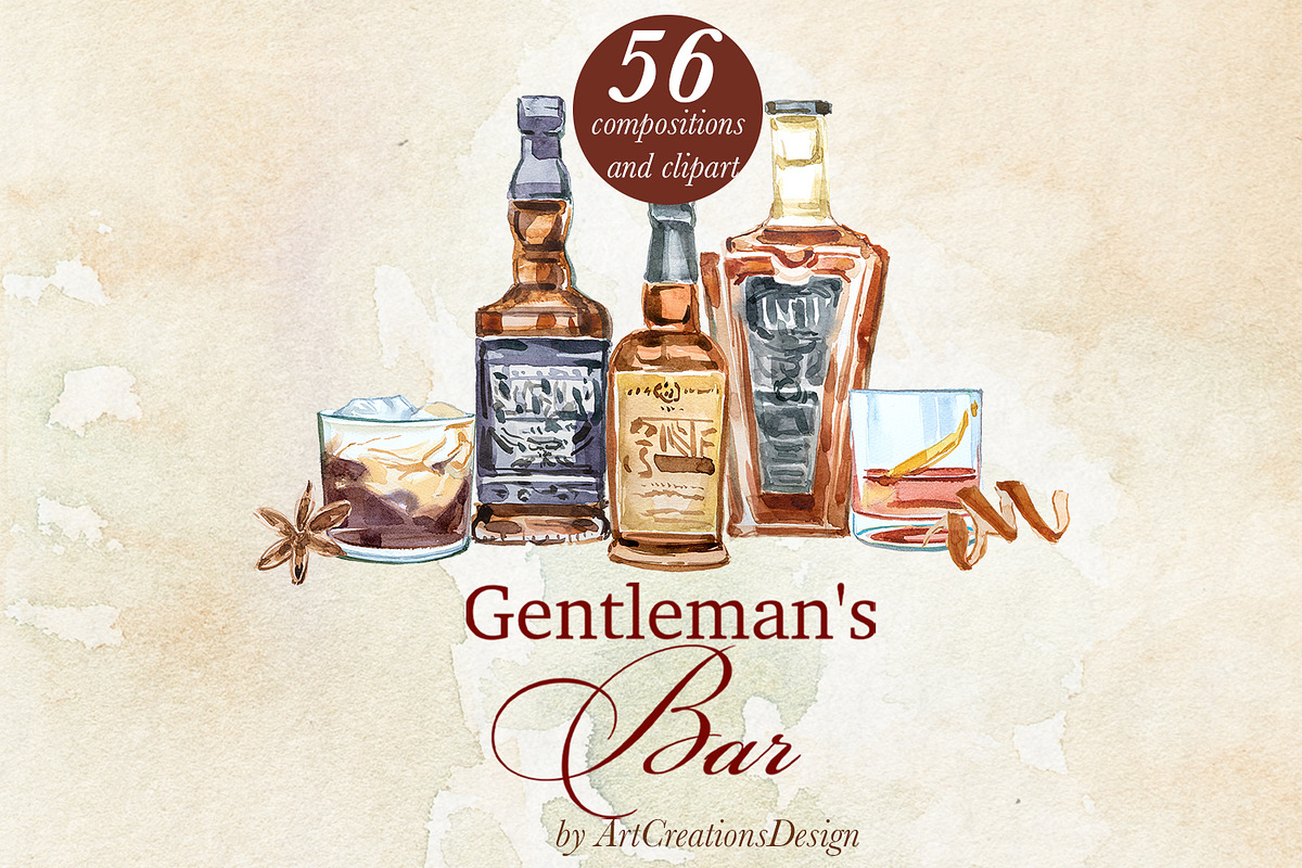 Gentleman's Bar Watercolor Clipart, a Food Illustration by ArtCreationsDesign (Photo 12 of 12)