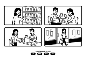 Woman activities in a cellphone shop, a Person Illustration by Vectorlina
