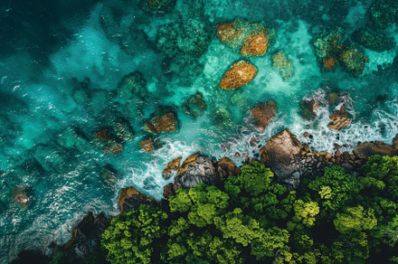 Turquoise waves gently crash against, a Photo by Tanuart