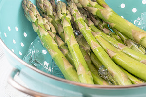 Fresh Green Asparagus Chilling In Ice Water During Blanching Pre, a Food & Drink Photo by Alexander Prokopenko