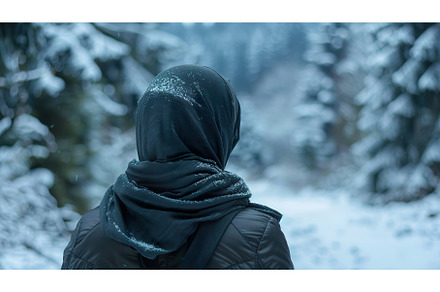 young Muslim woman stands in snow, a Nature Photo by Lermont51