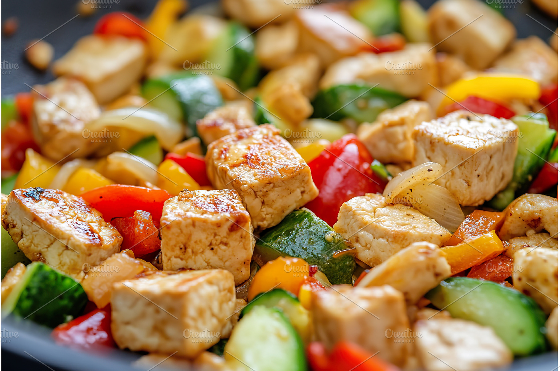 Colorful stir fry with tofu, bell, a Food & Drink Photo by Lermont51