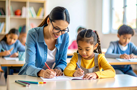 Young teacher with asian girl at classroom