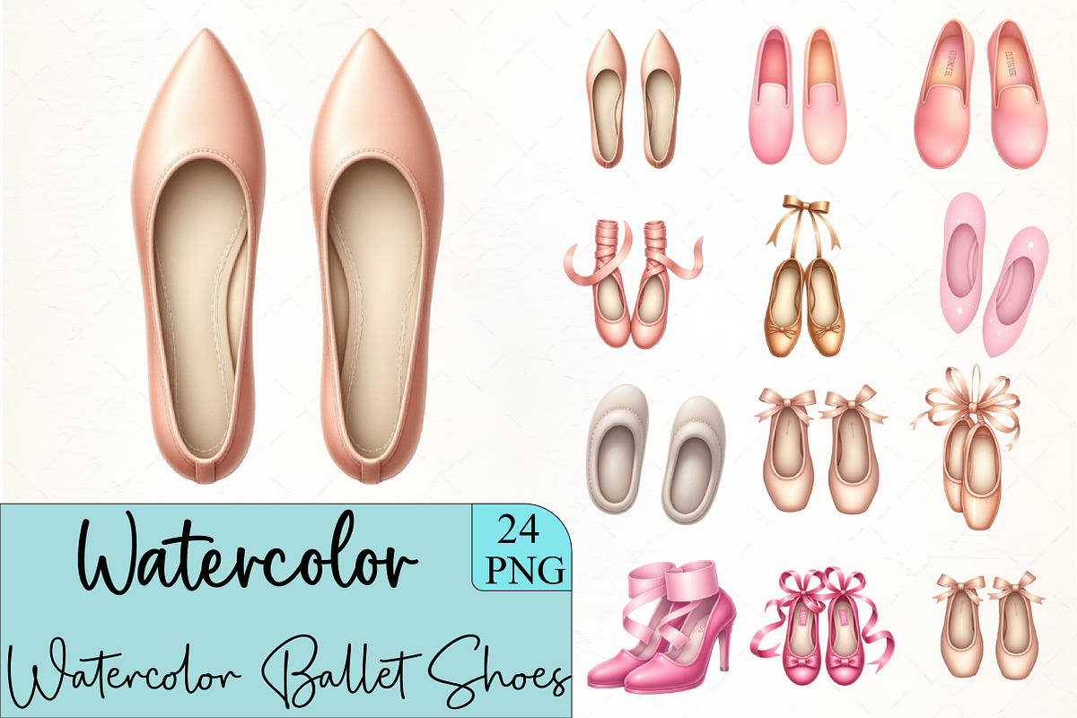 Watercolor Ballet Shoes Clipart, an Illustration by CrexoraLab (Photo 1 of 5)